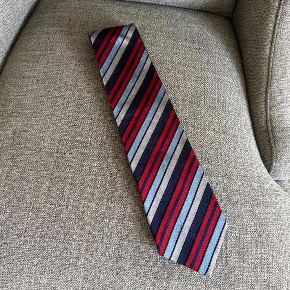 Emilio Romano 100% Silk Tie Handmade Italy Red Blue Striped Designer Neck Tie